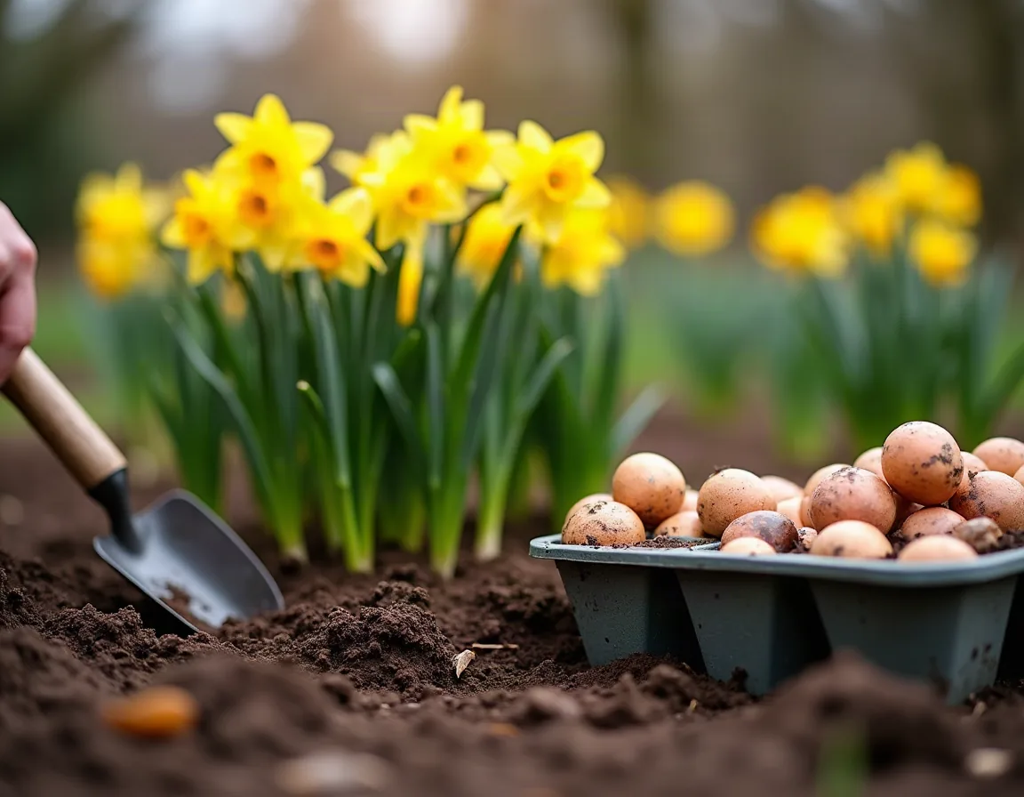 Spring bulbs being planted in a British garden border in autumn