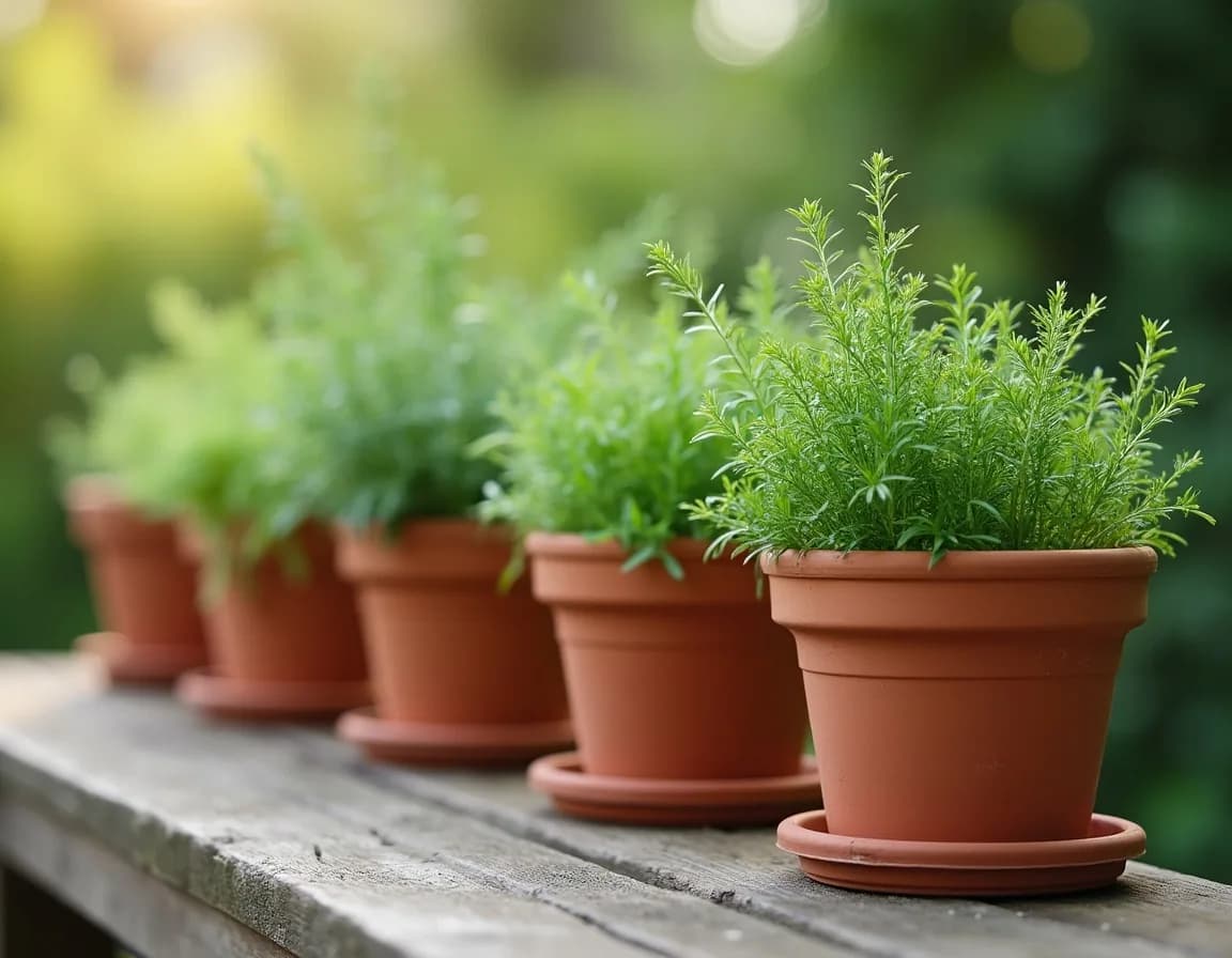 Chives, thyme, parsley and rosemary growing in terracotta pots