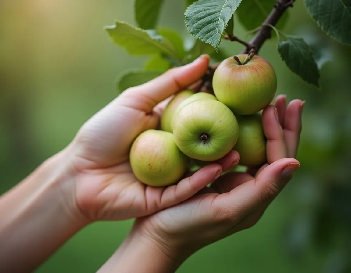 Thinning clusters of small unripe apples on a branch in early summer