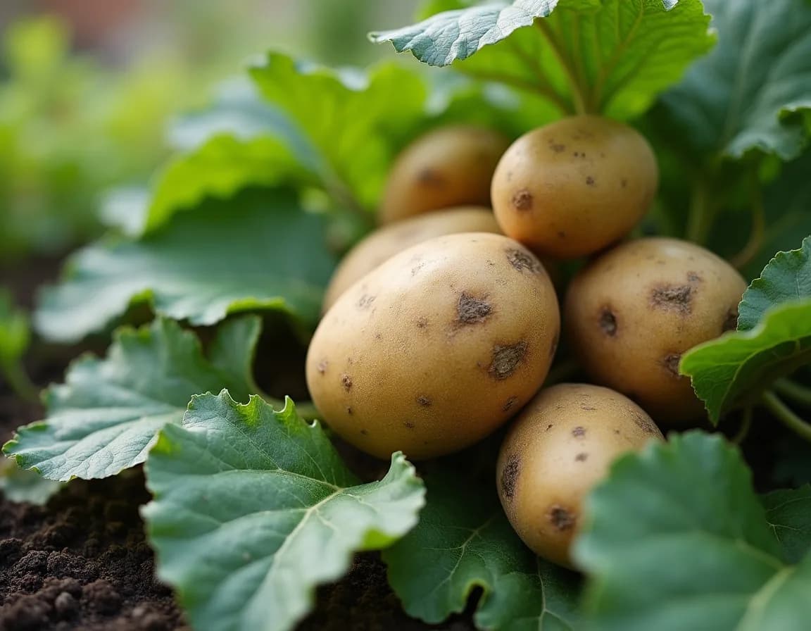 Potato foliage showing the brown rot of late blight in a British vegetable garden