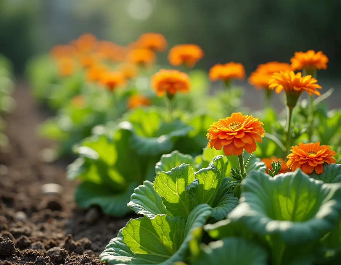 Nasturtiums and poached egg plant flowering among vegetables to attract hoverflies
