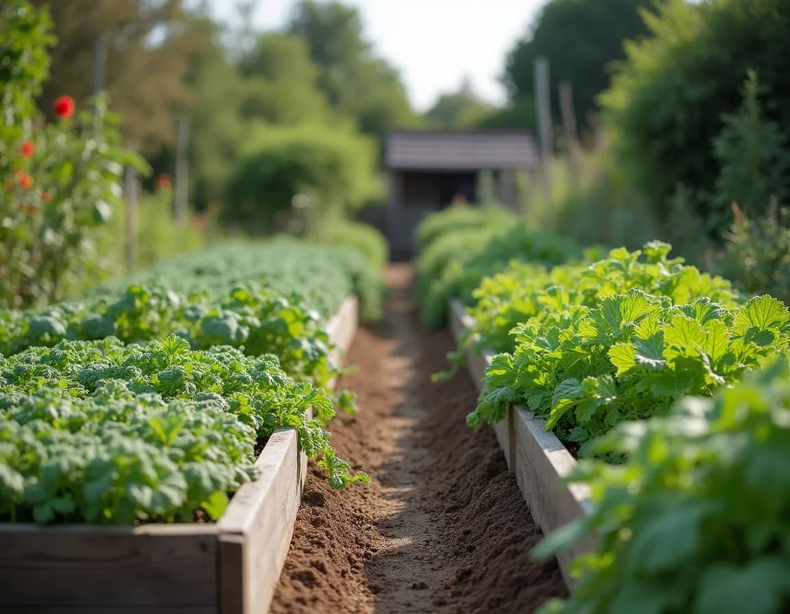 An allotment split into four beds of different crops for rotation