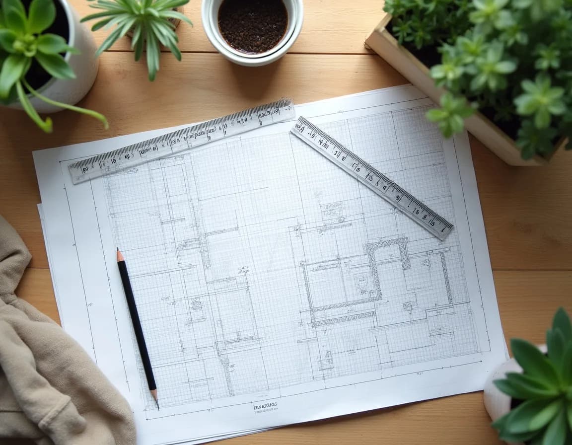 A hand-drawn garden plan with a scale ruler, pencil and set square