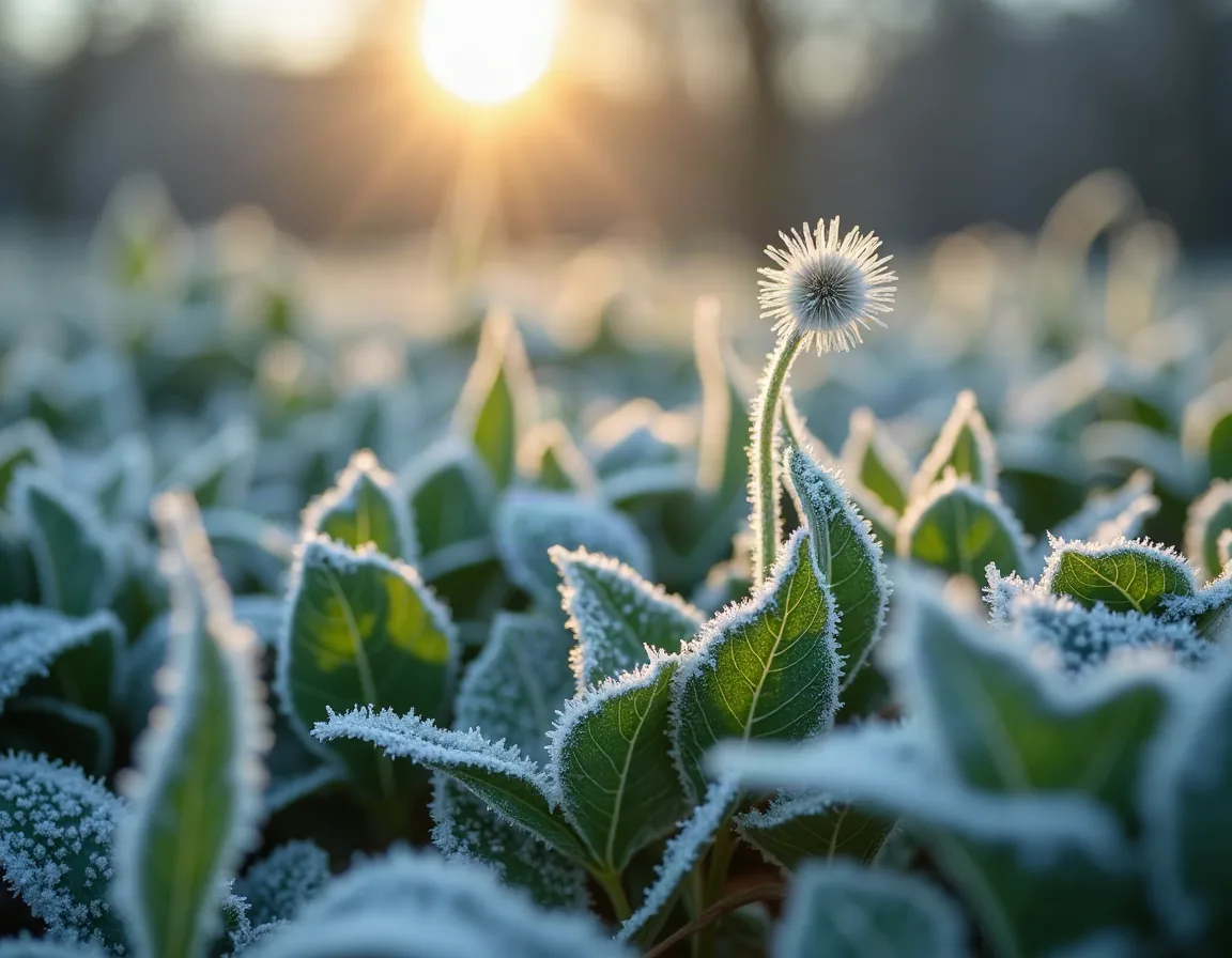 Frost on garden leaves on a clear cold British morning