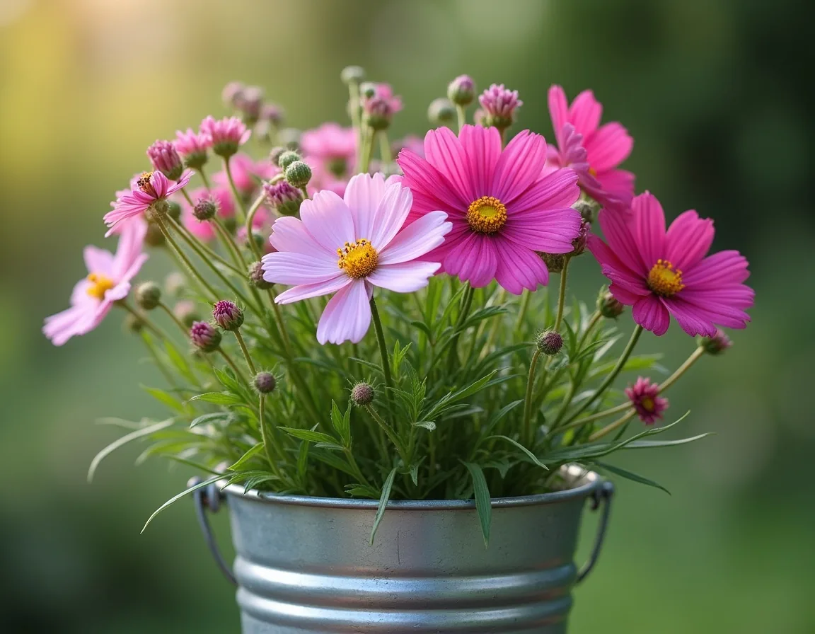 Freshly cut flower stems standing in a bucket of cool water to condition