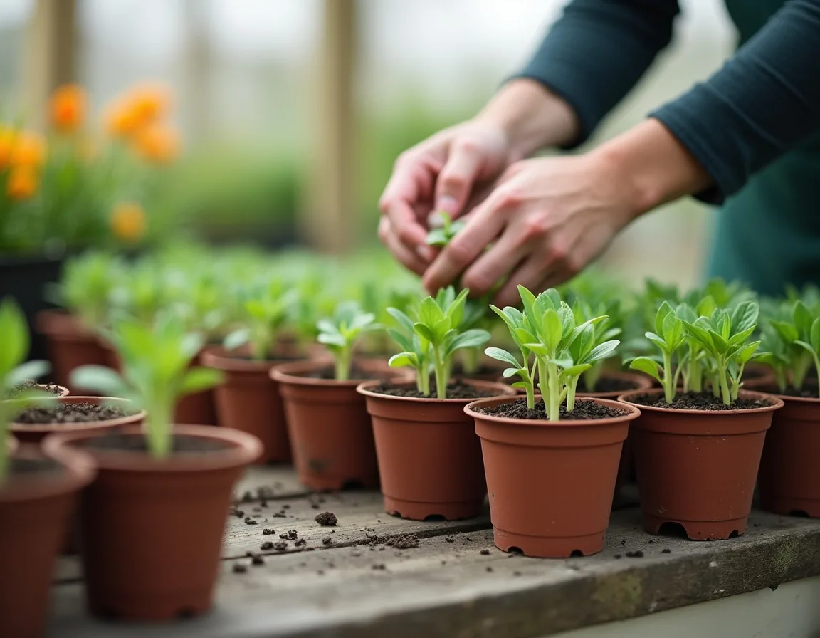 Young flower seedlings being pricked out into pots on a greenhouse bench