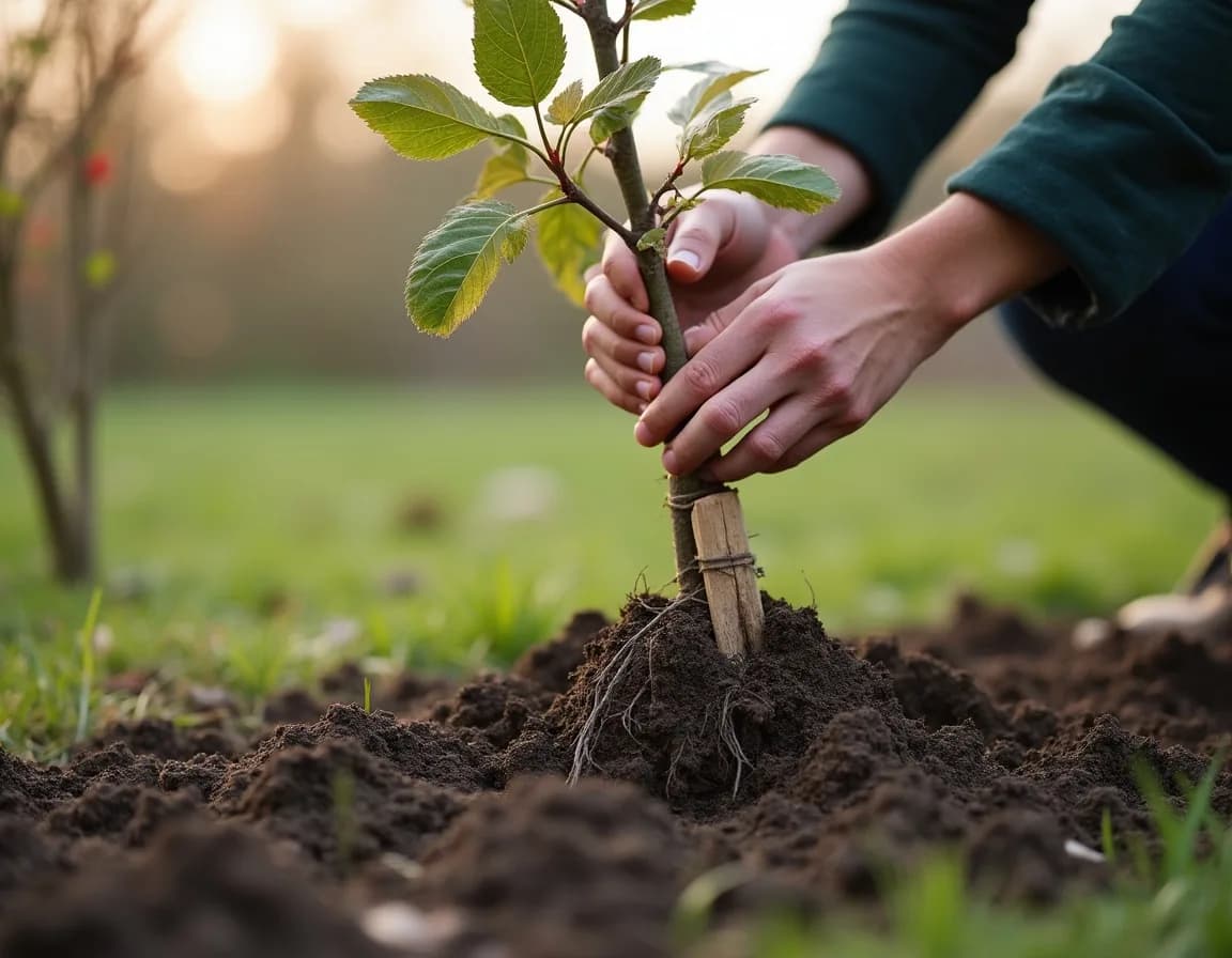A bare-root apple tree being planted and tied to a stake in winter
