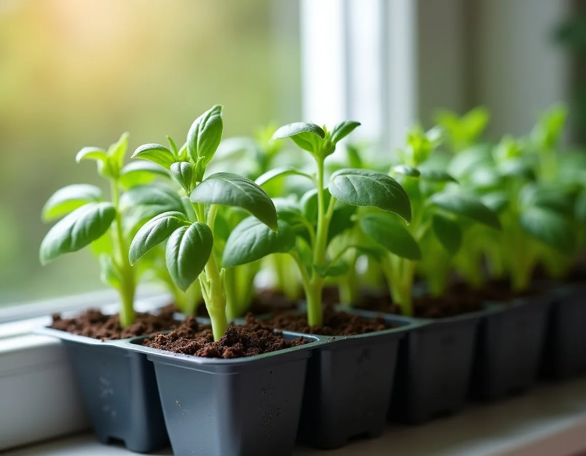 Young basil seedlings in a module seed tray