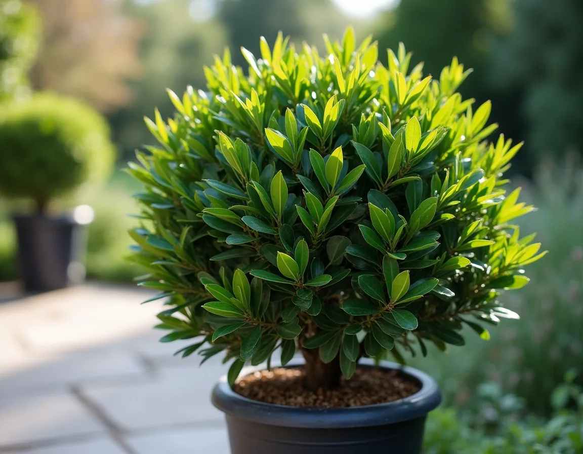 A bay laurel in a pot clipped into a neat standard shape