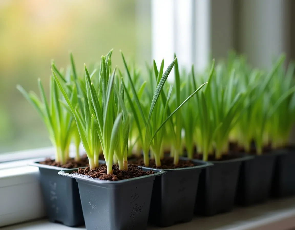Young chive seedlings in a module seed tray