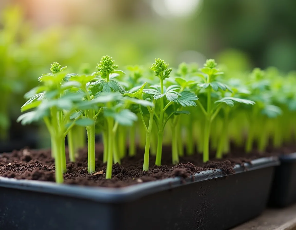 Young coriander seedlings in a shallow pot of compost