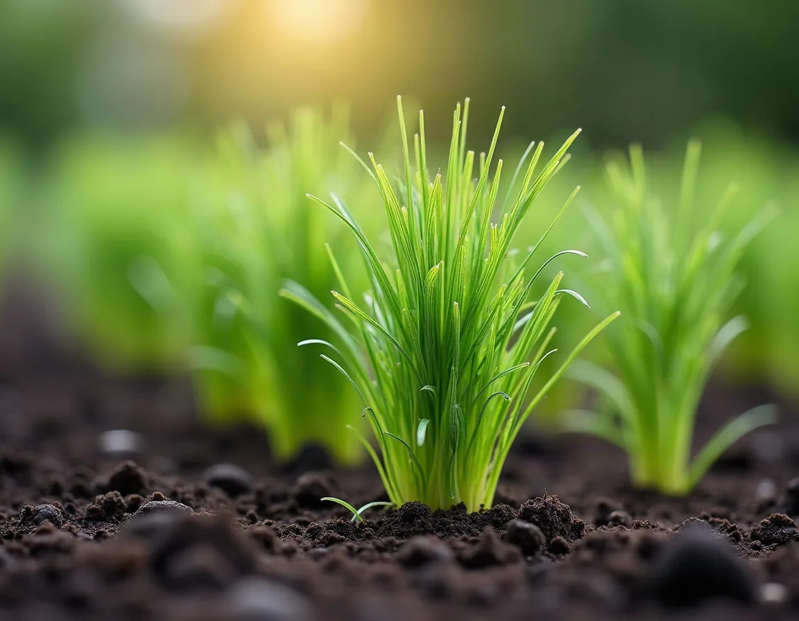 Young feathery dill seedlings growing in a row
