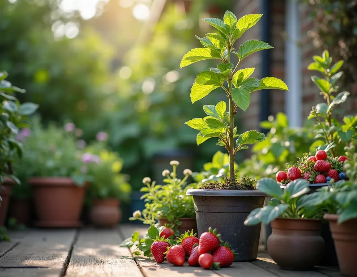 Fruit growing in containers on a small British patio, a potted apple tree and strawberries