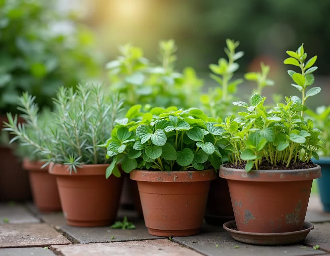 Gritty-soil rosemary and thyme pots beside a moist pot of parsley and mint