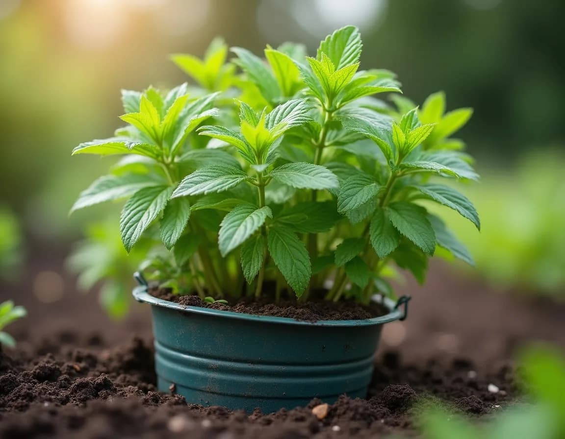 Mint grown in a bottomless bucket sunk into a bed to contain its roots