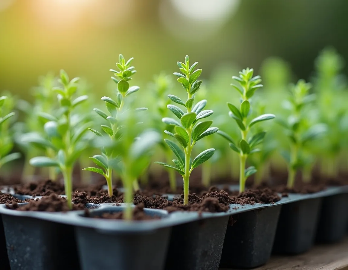 Young oregano seedlings in a module seed tray