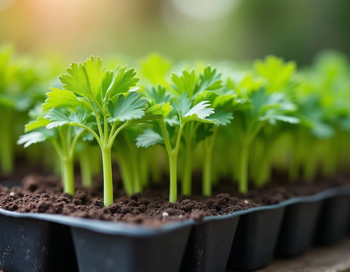Young parsley seedlings in a module tray