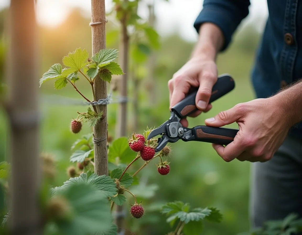 Raspberry canes being pruned with secateurs beside a post-and-wire support