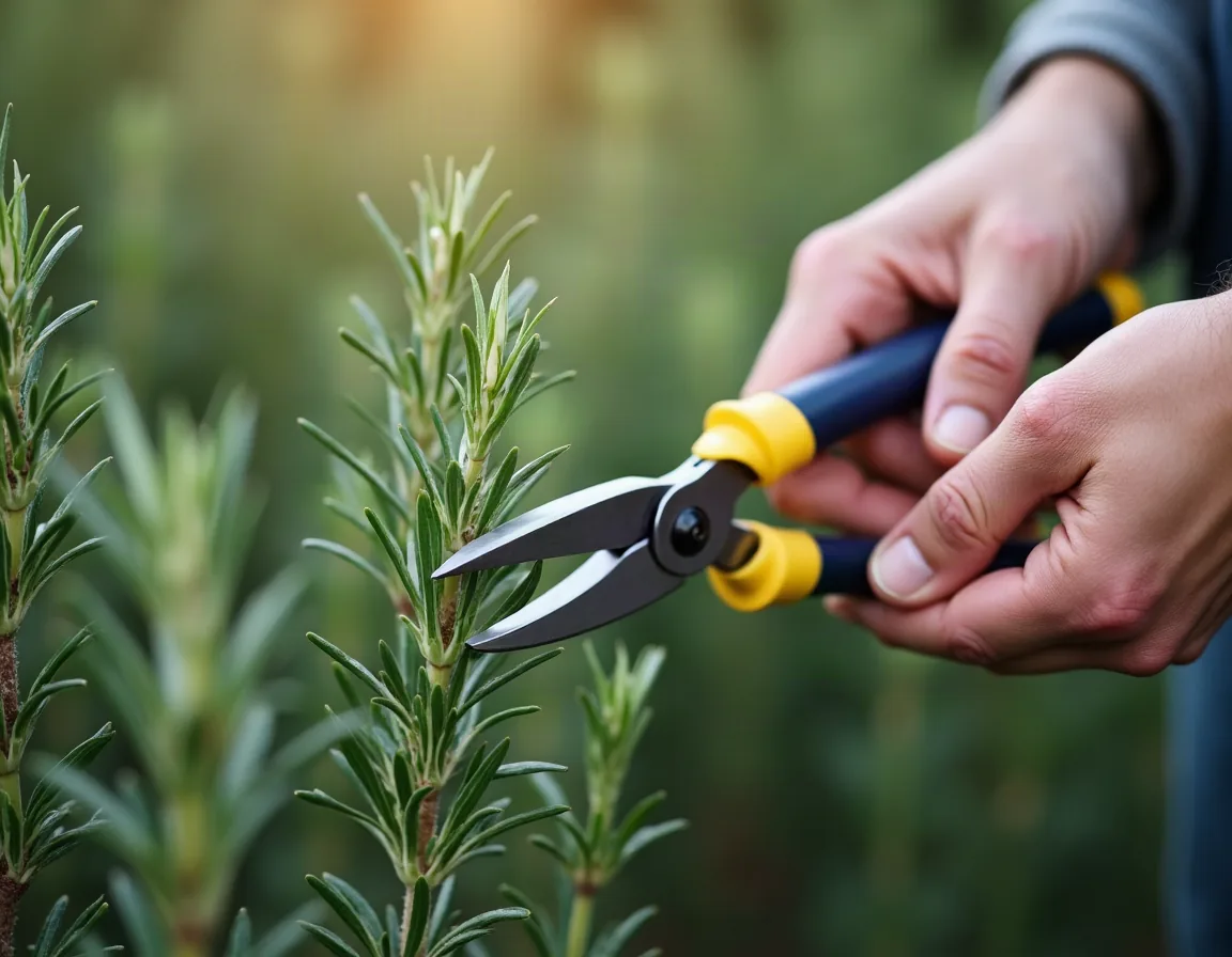 Hands trimming a rosemary shrub with secateurs after flowering