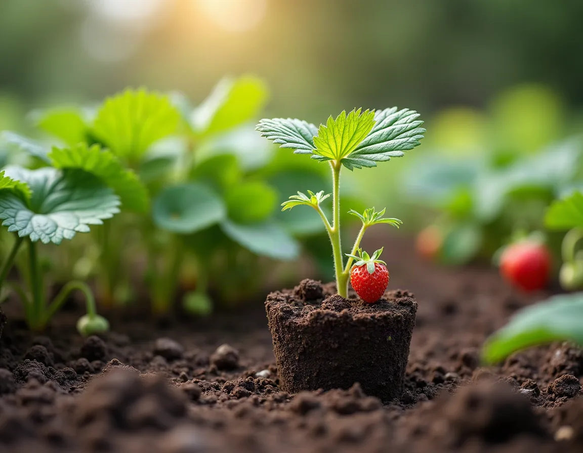 A strawberry runner being pegged down into a small pot of compost to root