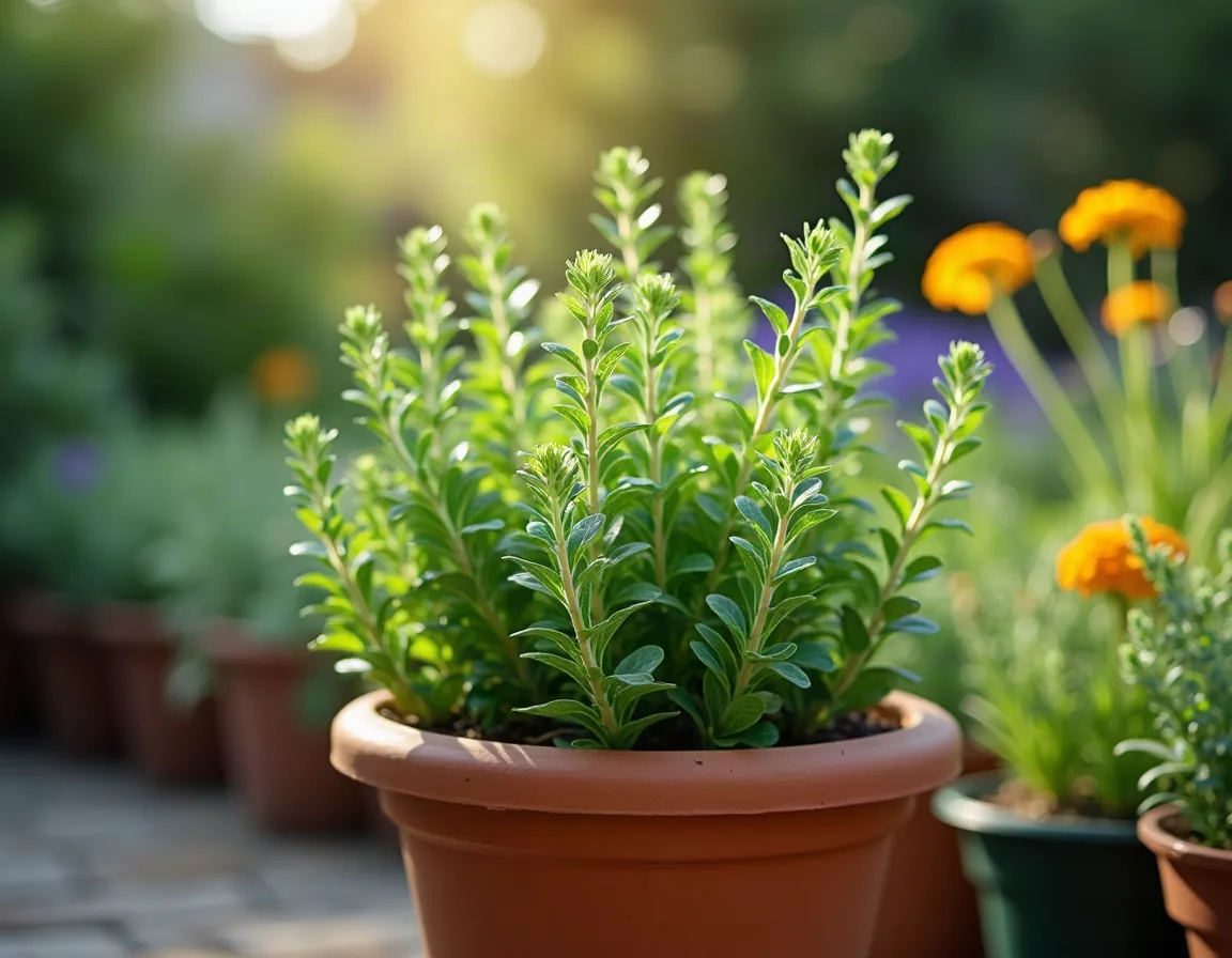 A French tarragon plant in a pot in a sheltered sunny spot