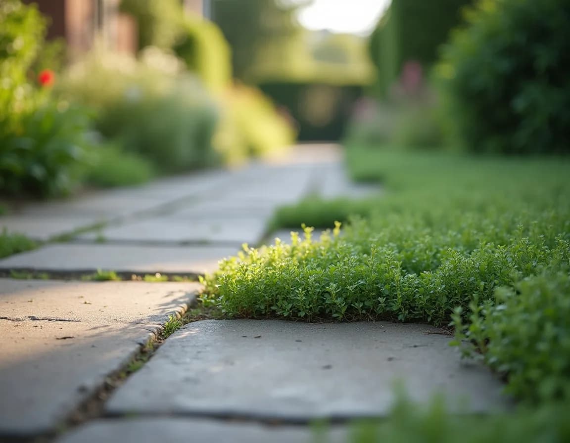 Creeping thyme growing between stone paving slabs