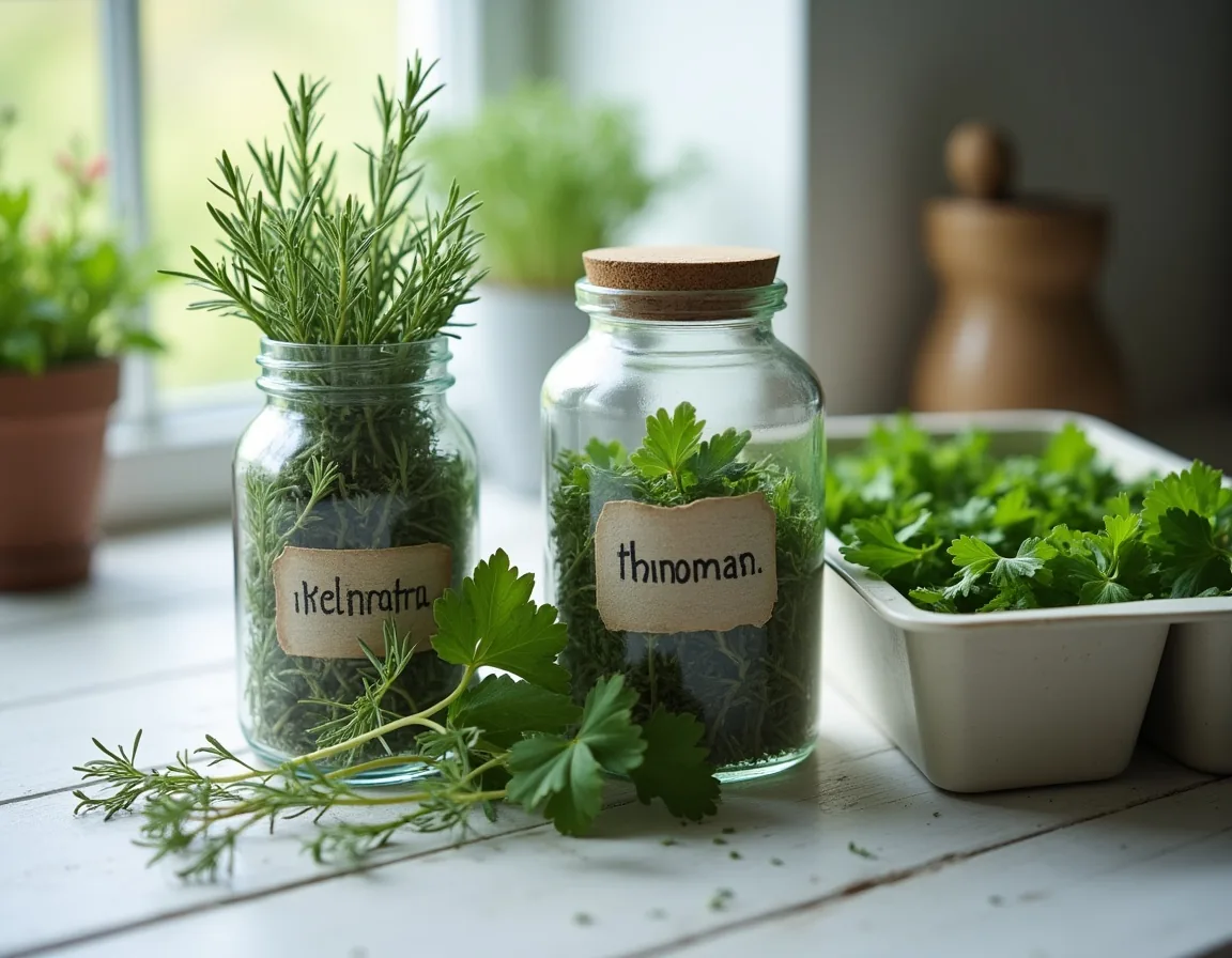 Dried thyme and rosemary in jars beside chopped herbs frozen in an ice-cube tray