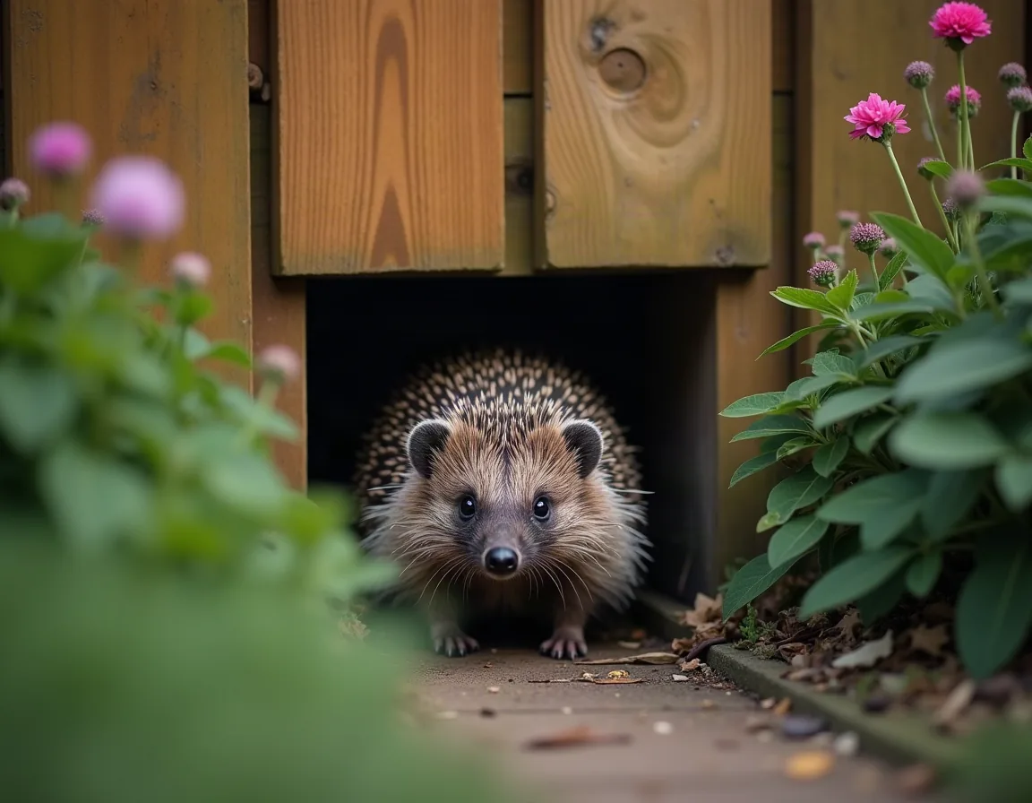 A hedgehog passing through a small gap at the base of a garden fence