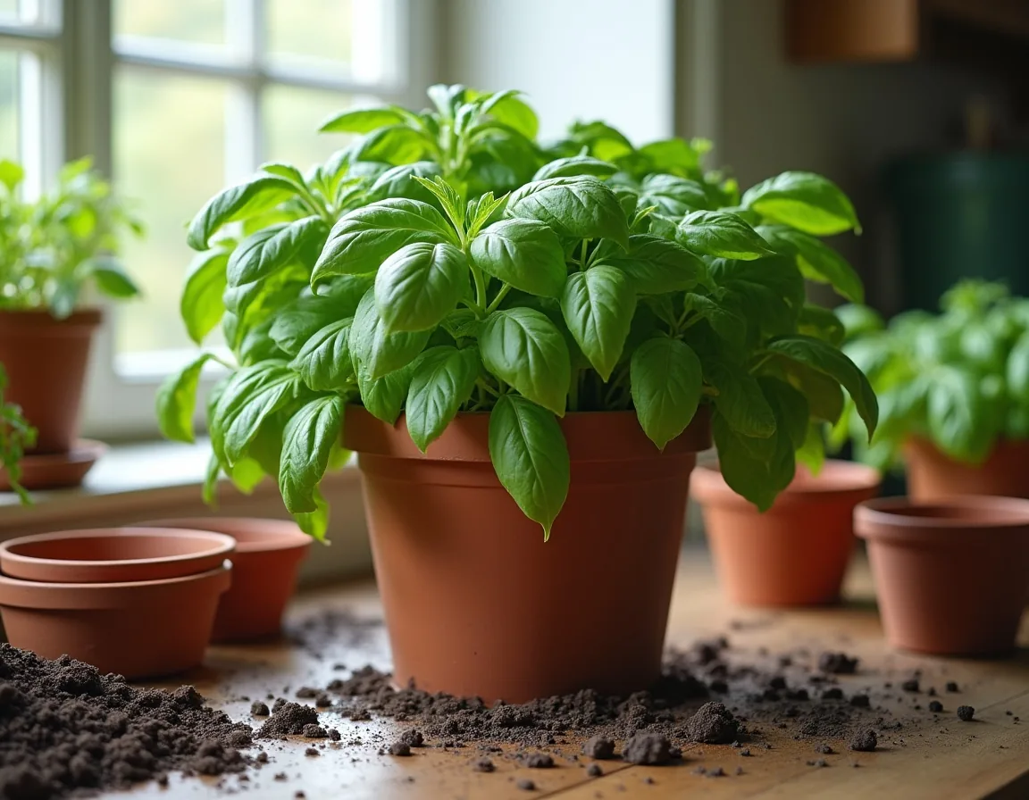 A crowded supermarket basil pot split into smaller clumps ready to repot
