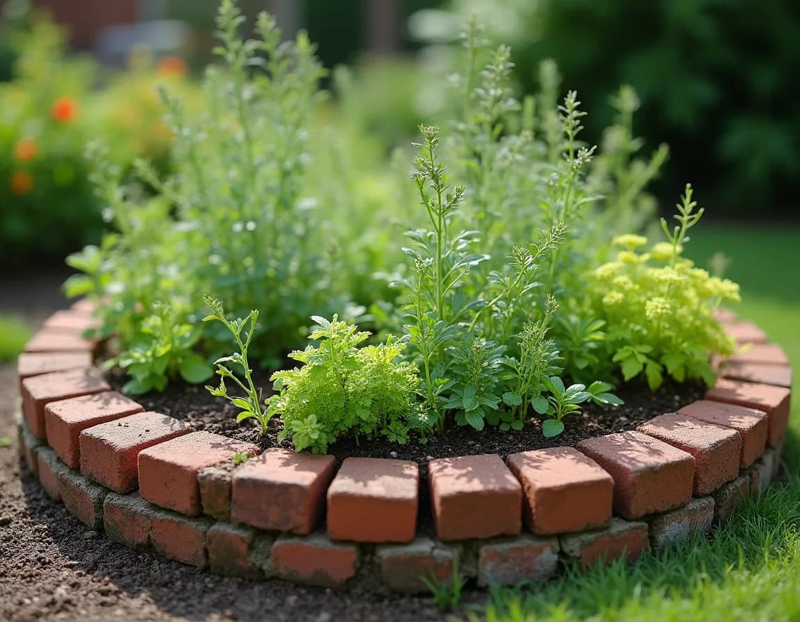 A cartwheel herb bed divided by bricks into wedges of herbs