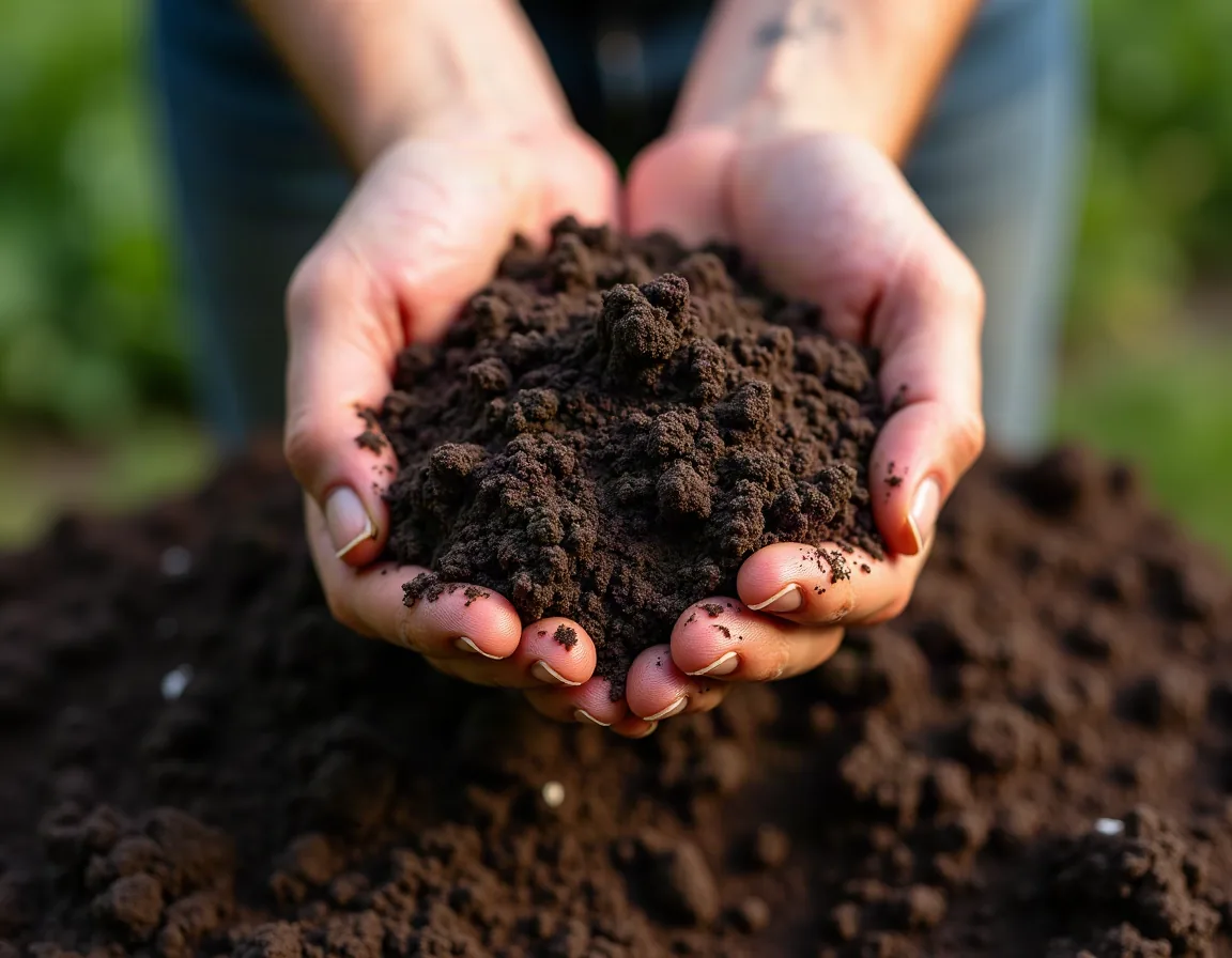 A handful of dark, crumbly, finished garden compost