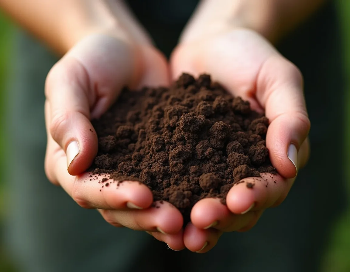 Cupped hands holding a clump of moist dark garden soil to feel its texture