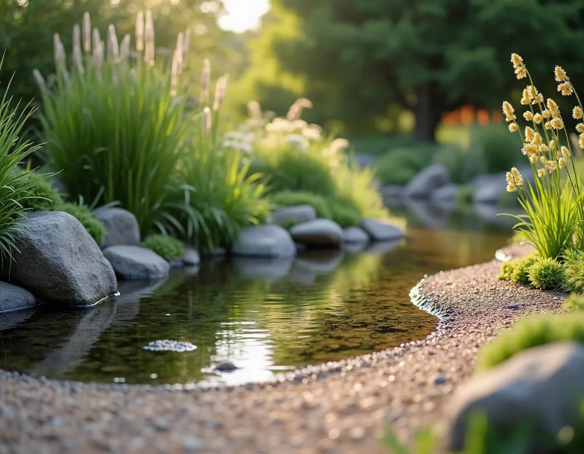 A wildlife pond with a gently sloping pebble beach along one edge