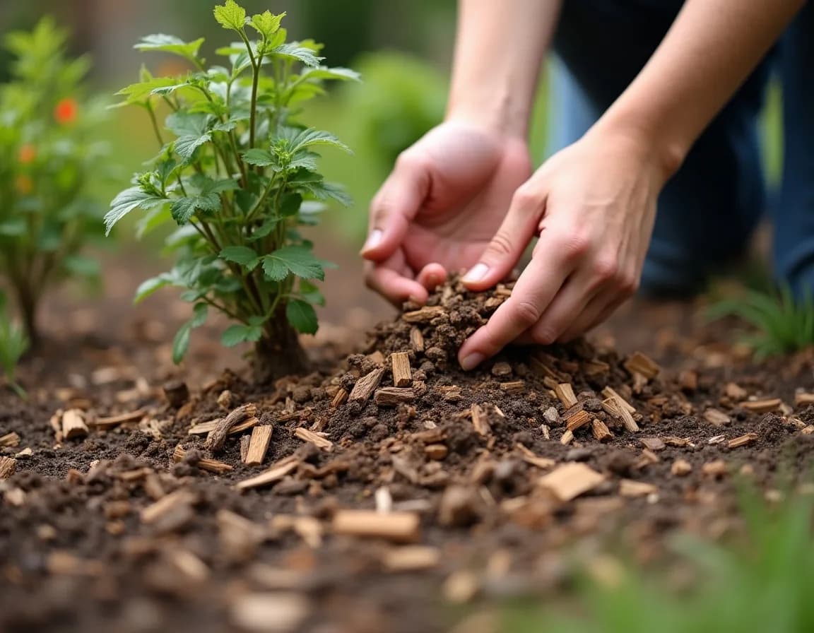 Hands spreading bark mulch around the base of a plant