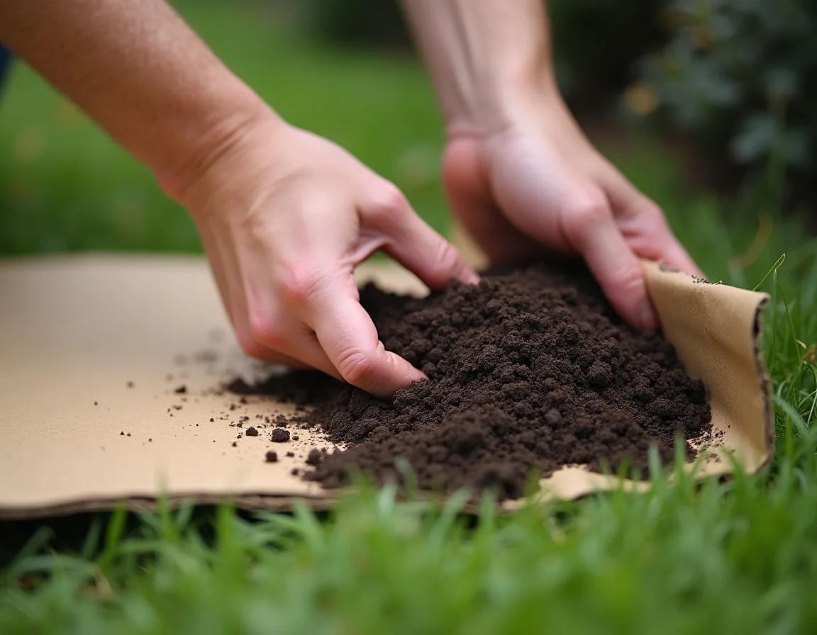 Laying cardboard over grass and covering it with compost