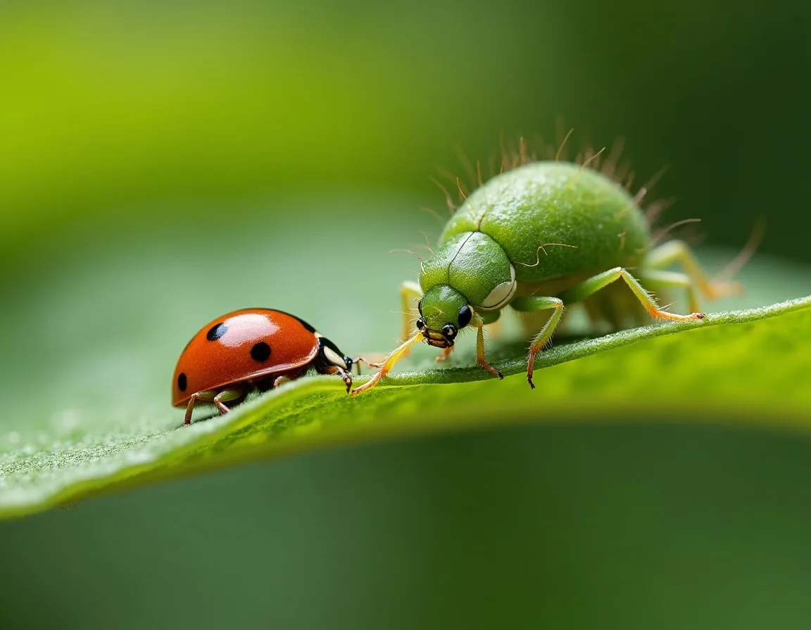 A ladybird larva and a lacewing on a leaf eating aphids, natural pest control