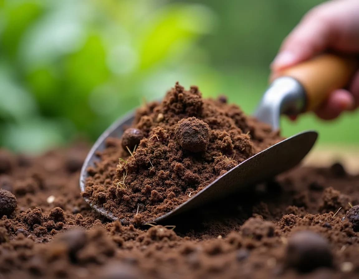 Close-up of fibrous peat-free compost in a hand trowel