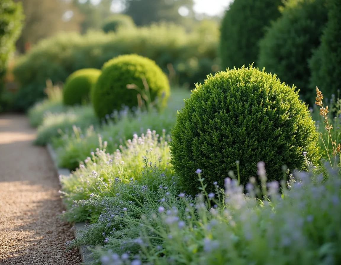 A border with evergreen shrubs and clipped box forming its backbone
