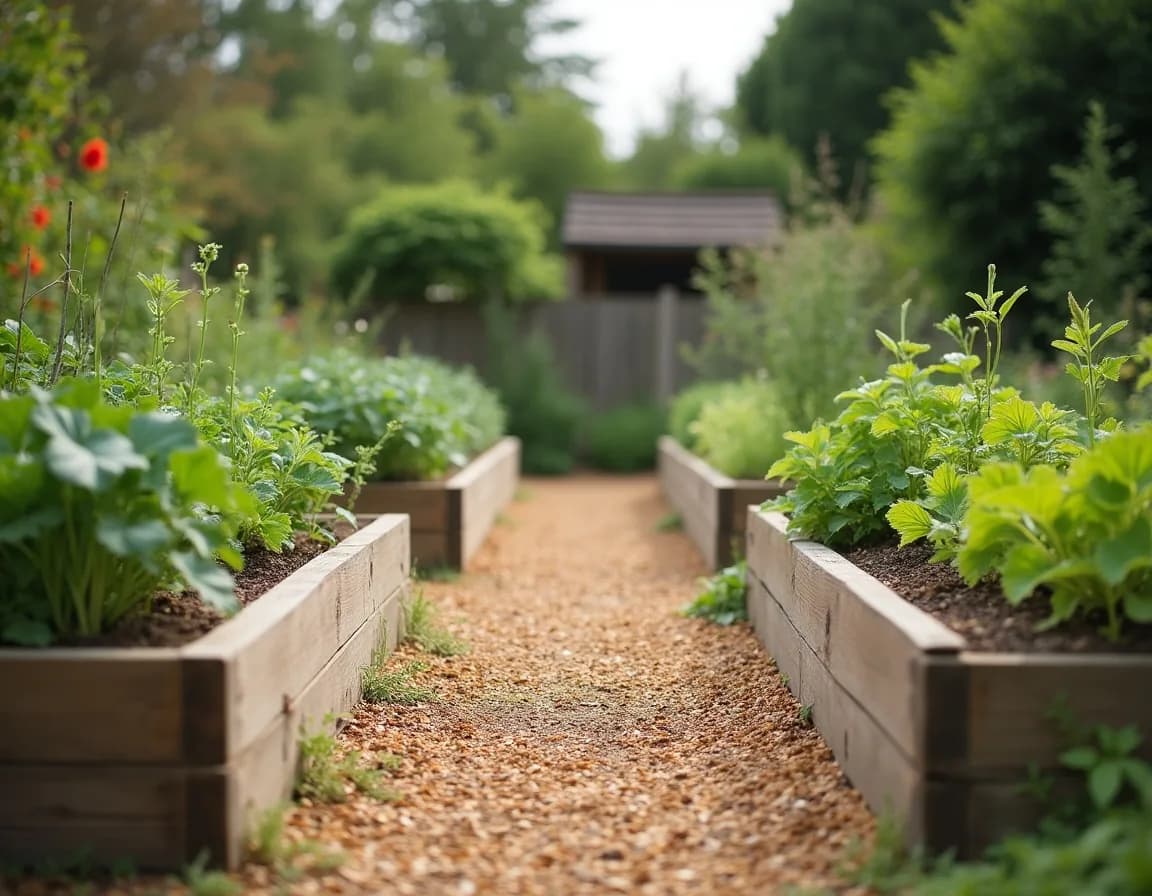 Timber raised beds with wide paths between them