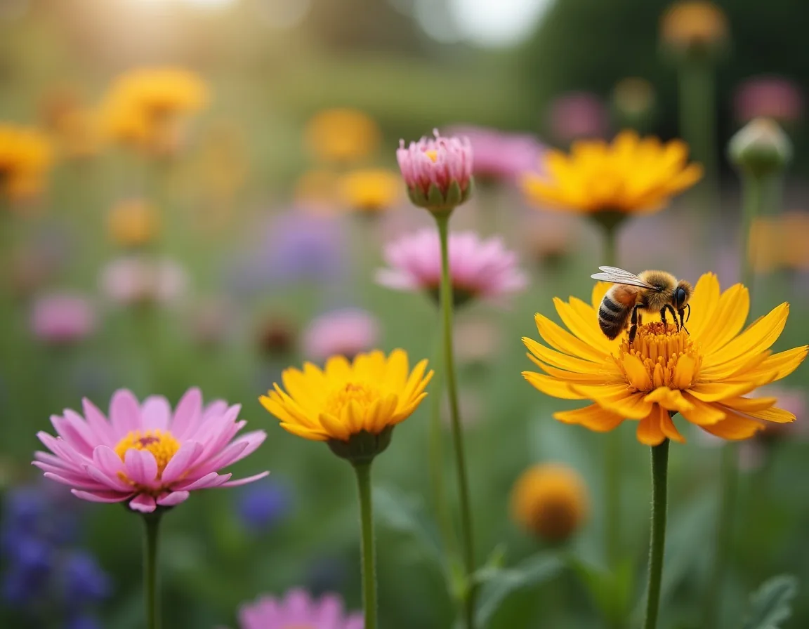 A pollinator border of single open flowers alive with bees
