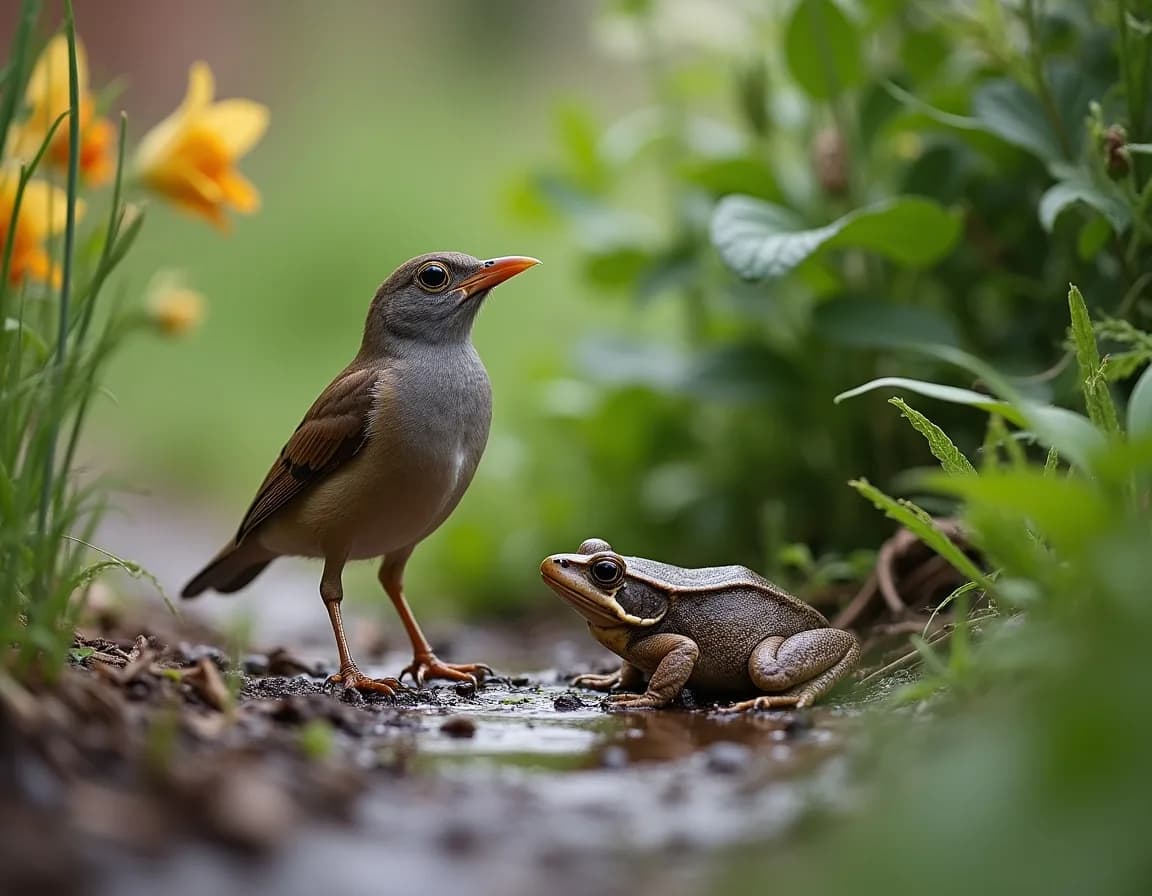 A song thrush and a frog in a British garden border, natural slug and snail predators