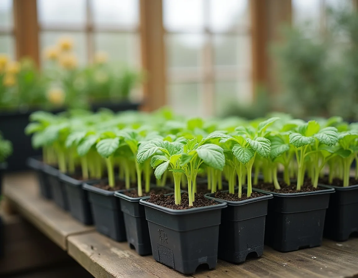 Seed trays of young plants hardening off outside a British greenhouse in spring