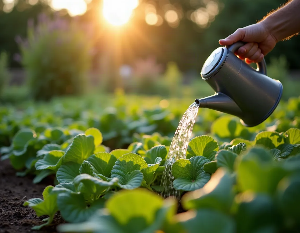 A watering can delivering water to the base of plants in a British vegetable bed