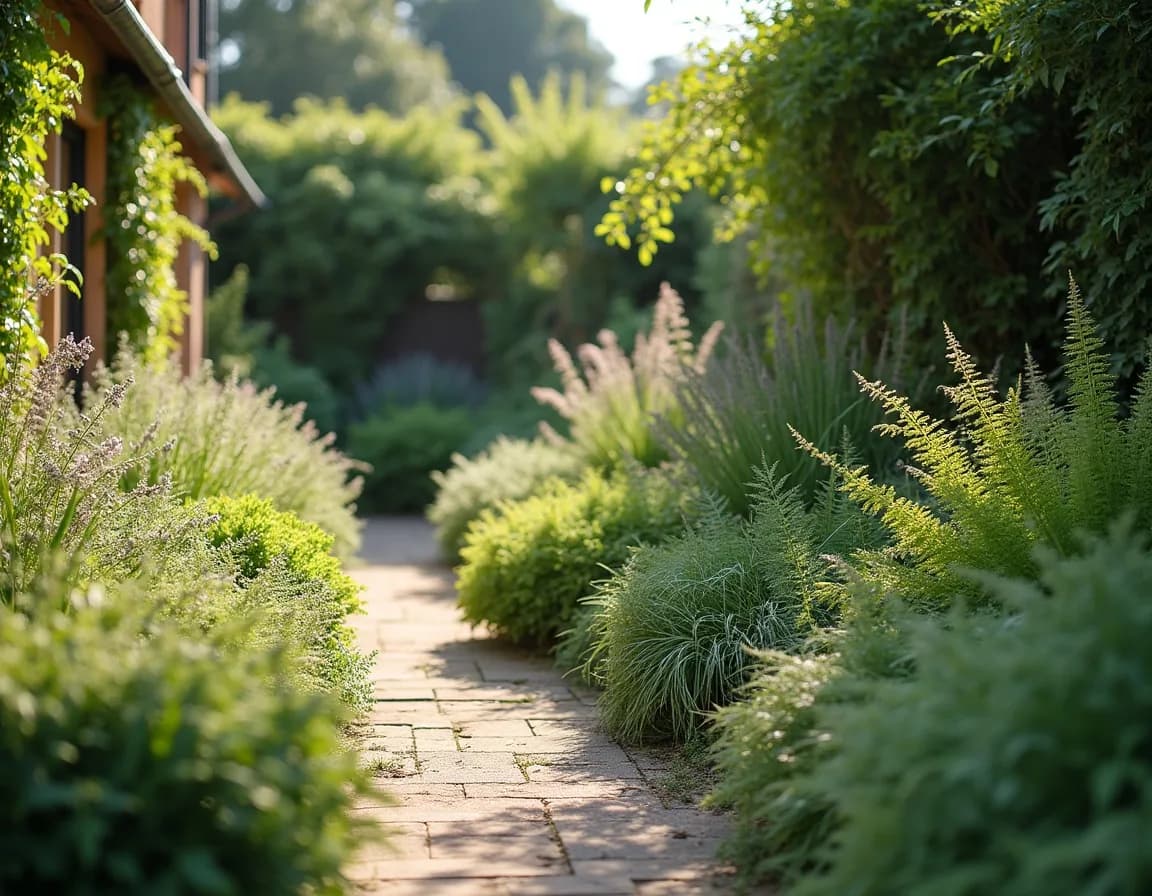 A sunny Mediterranean border beside a shady corner of ferns