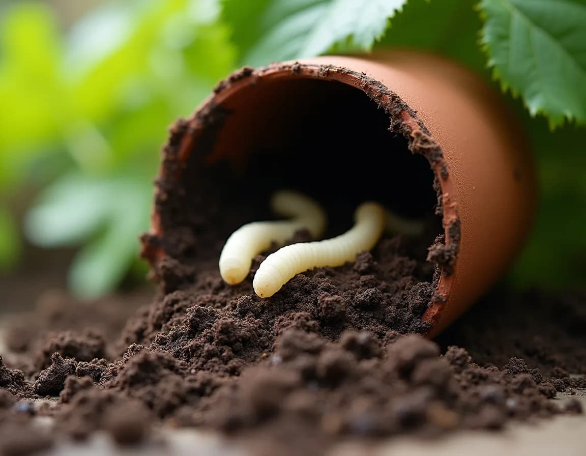 White C-shaped vine weevil grubs in the rootball of a potted plant