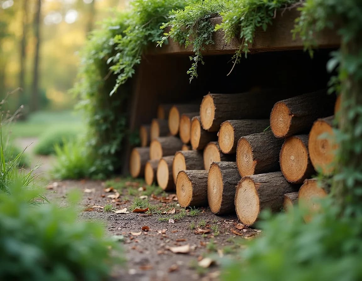 A log pile in a shady corner of a British garden providing shelter for wildlife
