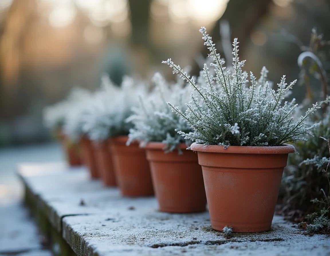 Terracotta pots wrapped in fleece against frost in a British garden in winter